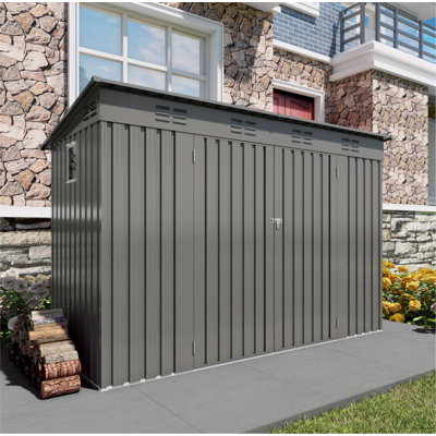 Remise de rangement extérieure 4 x 9 pi, abri de jardin en métal avec toit incliné, 6 évents et 2 portes battantes pour la cour, le jardin, le patio, le garage, la pelouse, gris
