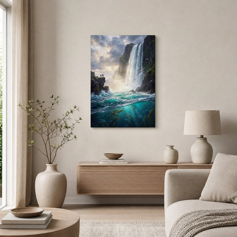 Art mural sur toile, cascade et océan turquoise, H 48 po x l 36 po
