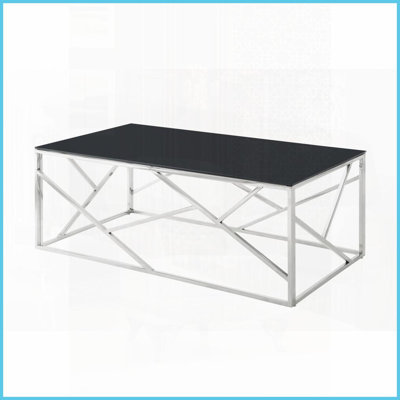 Table basse en verre noir facile à nettoyer pour le salon et amp; Chambre à coucher - Table d'appoint en acier inoxydable et chrome poli