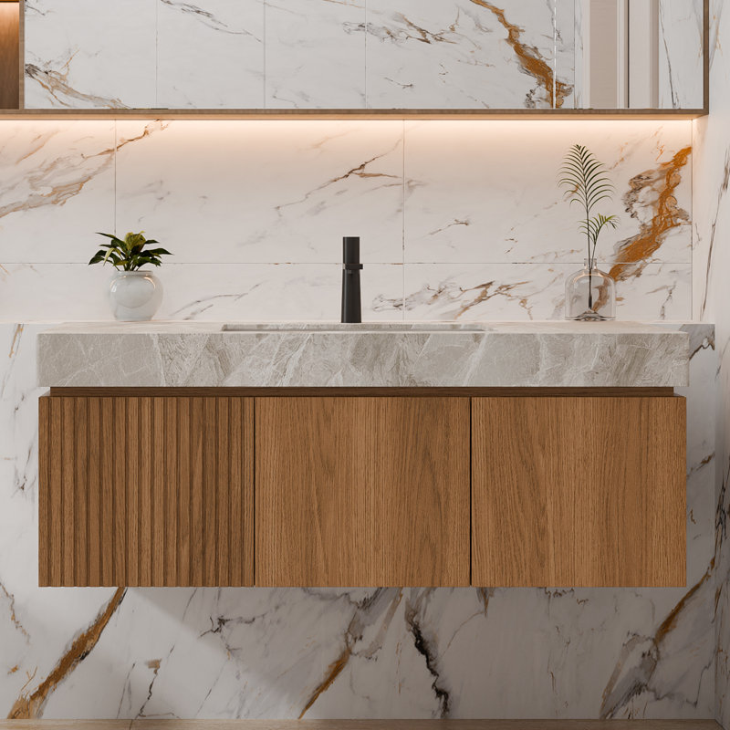 48" Modern Italian-Style Wall Mounted Oak Texture Bathroom Vanity  With Sintered Stone Countertop-Pre-assembled, Oak