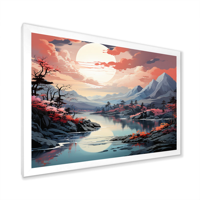 " River Mountain Scenery Minimalism ", White Single Picture Framed, 16" H x 32" W x 1" D