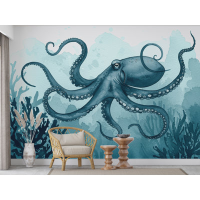Fresque murale aquarelle motif pieuvre pour restaurant – Décoration murale pieuvre, autocollant mural océan, art mural pour restaurant, chambre d'enfant ou nurserie (autocollant) 894DRS