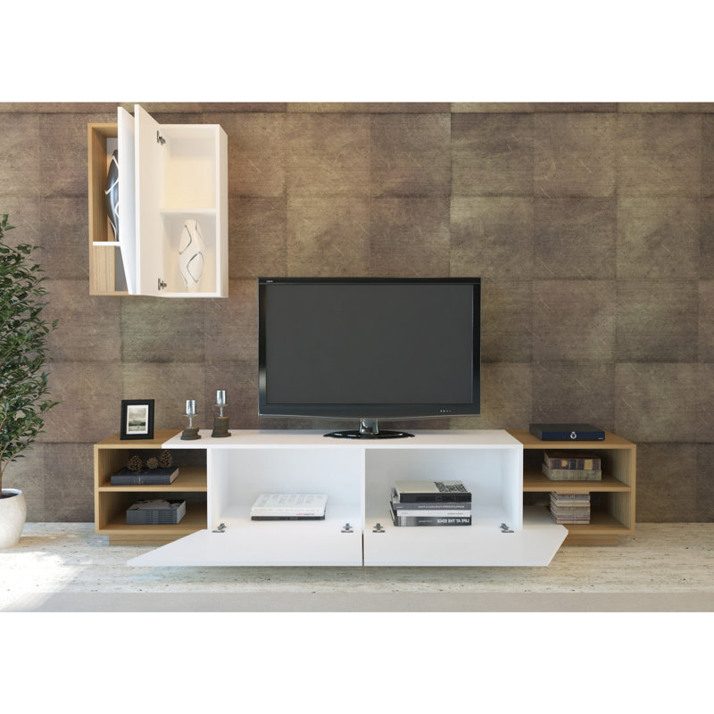 Meuble télé moderne avec tablettes murales (2 pièces), blanc et teck, 94,5 po x 18,5 po x 14,8 po | 100% panneau de particules enduit de mélamine, épaisseur: 0,7 pouce | Conception polyvalente, nombreuses tablettes, fixation murale pour une utilisation efficace de l'espace