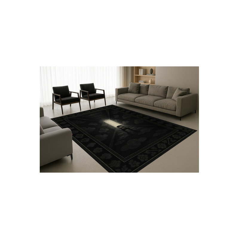 Tapis noir tissé à motif abstrait lavable Mosso, 3'3" x 9'10"