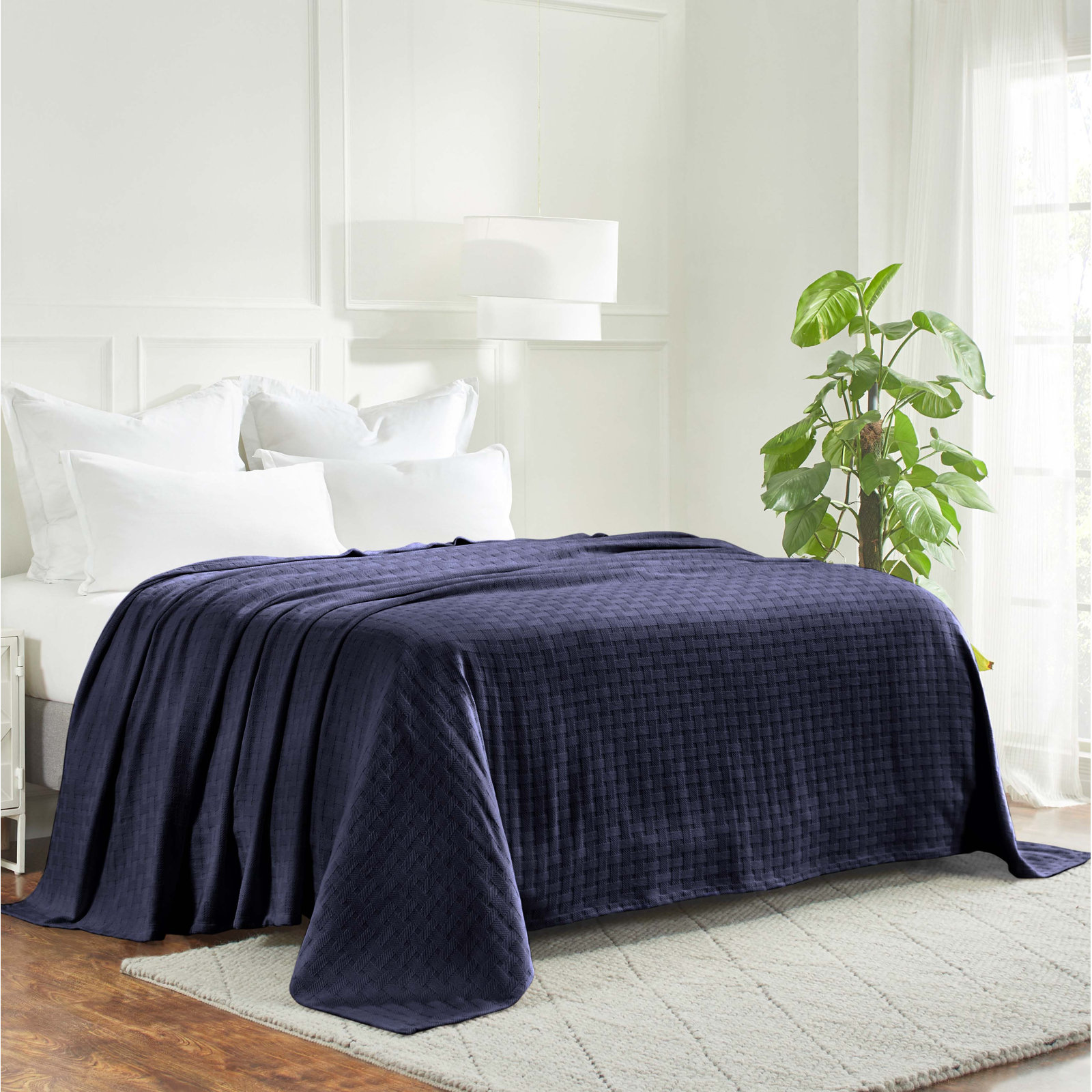 Bertie Cotton Throw Blanket, Full/Queen, Navy Blue