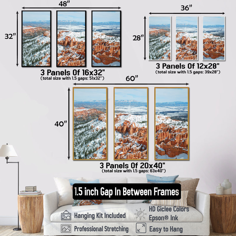 «Bryce Canyon with Snow Winter - Canyon», ensemble d'art mural sur toile, Cadre flottant doré, H 40 po x l 60 po x P 1 po