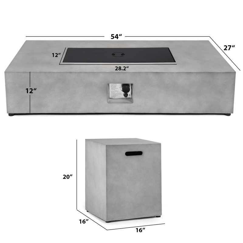 Table de foyer d'extérieur au propane de 54 po avec couvercle de réservoir, 50 000 BTU, foyer au gaz rectangulaire en béton avec couvercle en acier, housse de pluie et pierres de lave