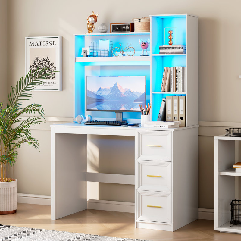 Bureau d'ordinateur à 3 tiroirs avec tablettes et éclairage DEL, Blanc