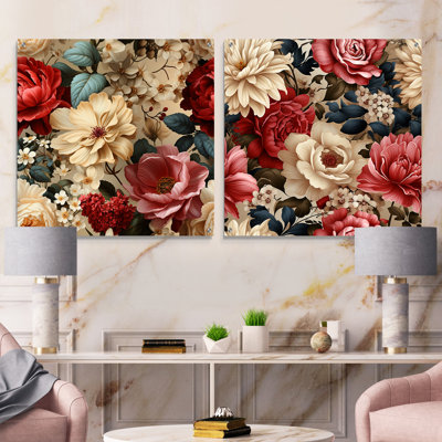 Beige Vintage Charm Floral Pattern - Floral Acrylic Wall Art Glass Set Of 2
