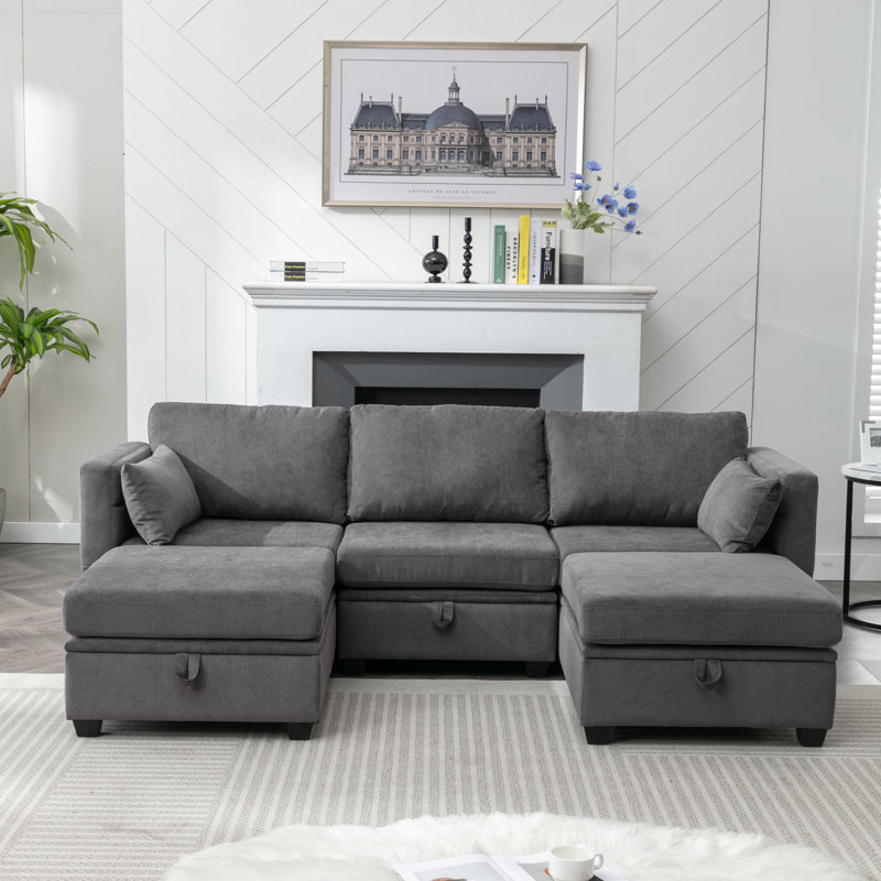 Calkins Modular Couch Sofa Storage Seats & Double Storage Ottomans, Dark Gray Polyester