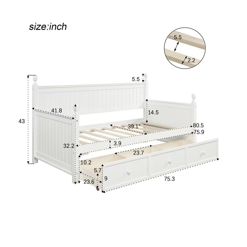 Wood Daybed with Three Drawers ,Daybed,No Box Spring Needed