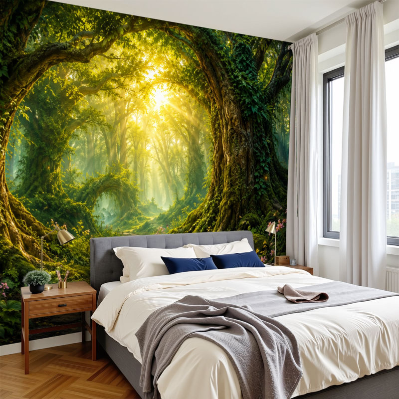 Peel and Stick Wallpaper 69" L x 96" W Modern Self Adhesive Wall Mural for Bedroom - With Forest Path Greenery Sunlit Trees Print