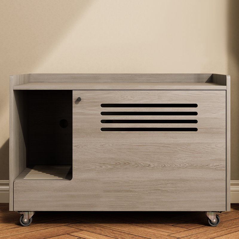 Grand bac à litière gris pour chat, multifonctionnel comme table de bout, roues silencieuses pour la mobilité, grille de ventilation, réduction des odeurs, meubles de construction à utilisation longue durée avec clôture supérieure, peut être
