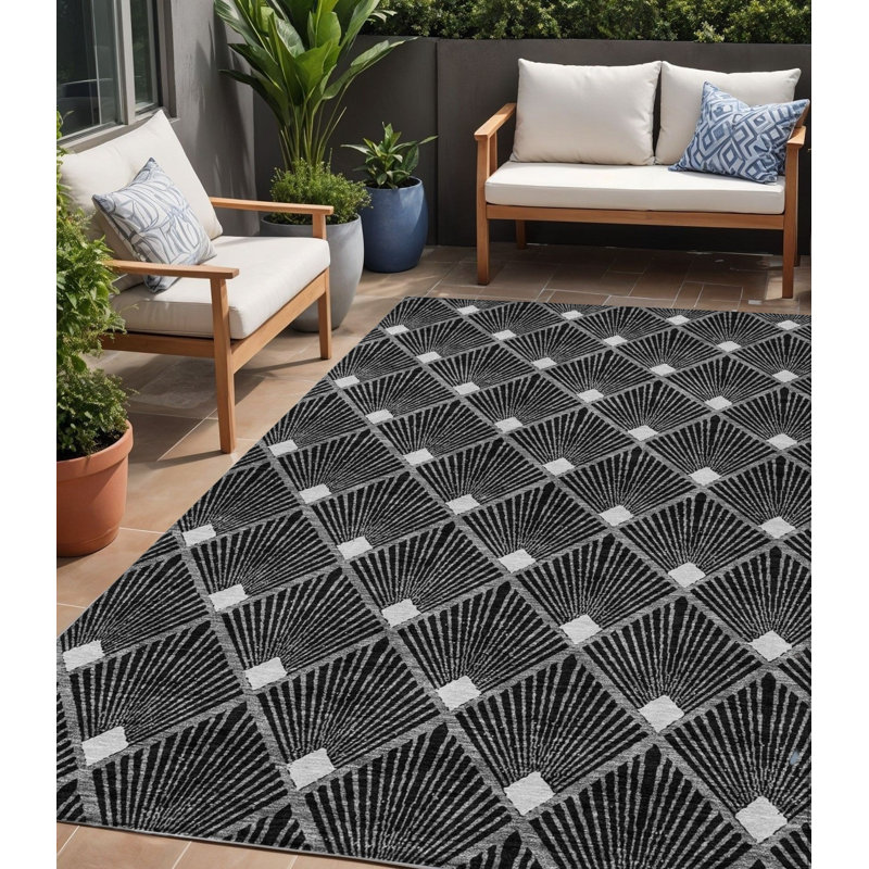 Tapis extérieur lavable à motif géométrique noir et ivoire 5 pi x 8 pi