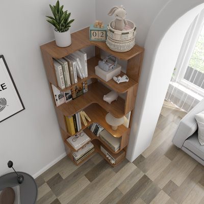 Bibliothèque d'angle autoportante à 6 niveaux pour salon, chambre à coucher, bibliothèque en bois avec panneau anti-goutte et dispositif anti-basculement, étagère de rangement ouverte pour le bureau personnel
