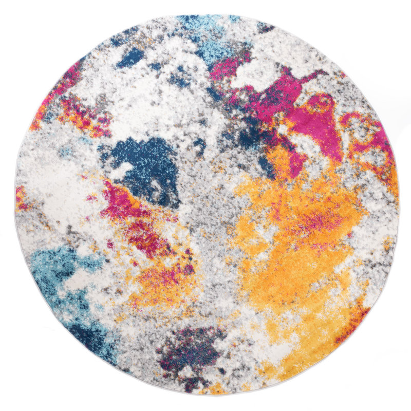 Tapis abstrait ivoire / gris / bleu Noires, Rond 8 pi