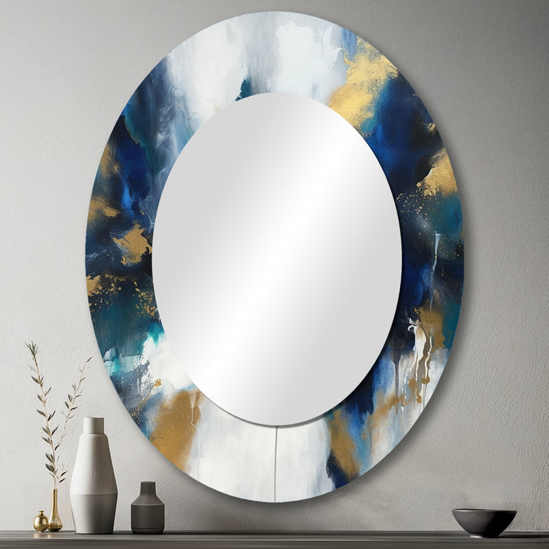 Indigo éveillé abstrait en bleu et or - Miroir mural moderne ovale, 43 po x 33 po