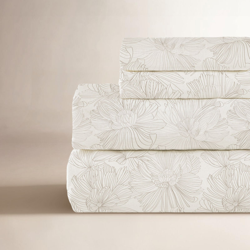 100% French Linen Sheet Set, Twin XL Sheet Set with 1 Pillowcase, Cream/Putty Floral