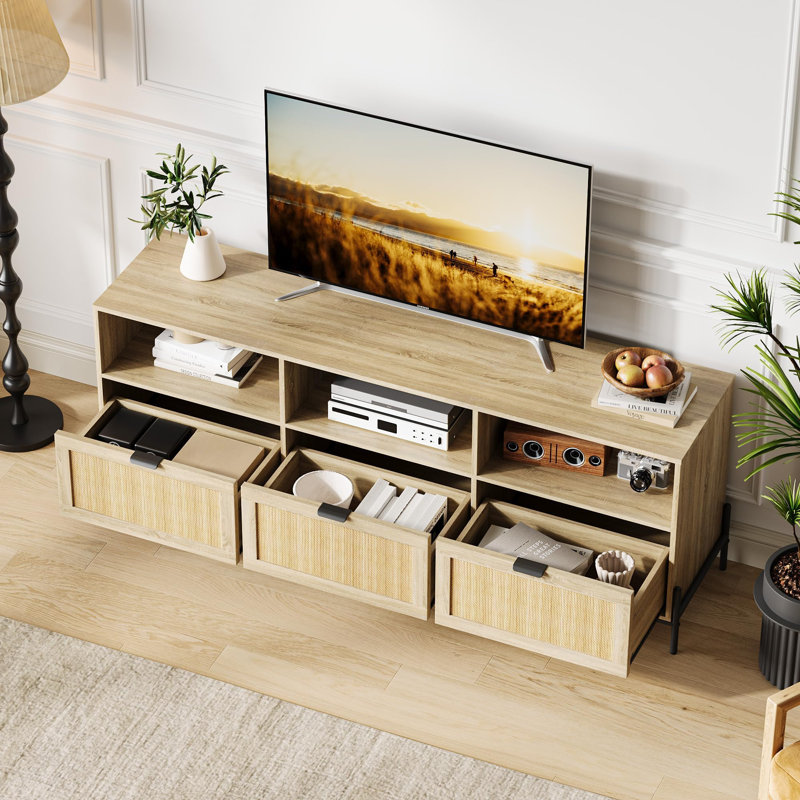 Natural Oak and Rattan TV Stand with Open Shelves and Drawers