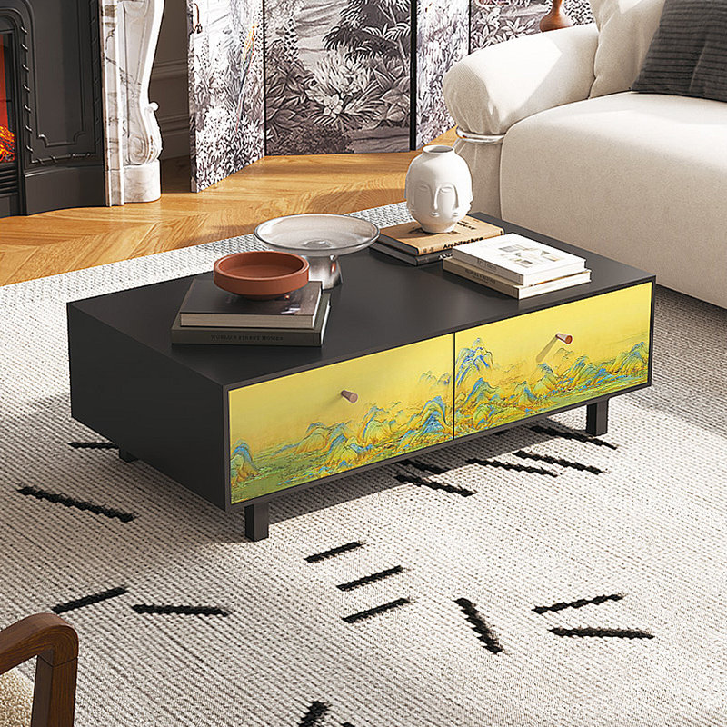 Table basse à motif vintage français peint, Noir / Jaune