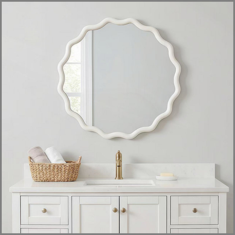 Miroir décoratif rond blanc en bois massif ondulé de 24 pouces, pour chambre à coucher, salle de bain, salon, entrée, White