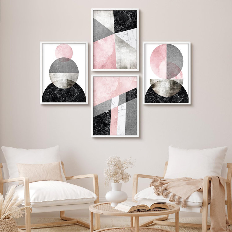 "Décoration abstraite géométrique en marbre rose et gris", 4 pièces, Blanc, H 10 po x l 8 po