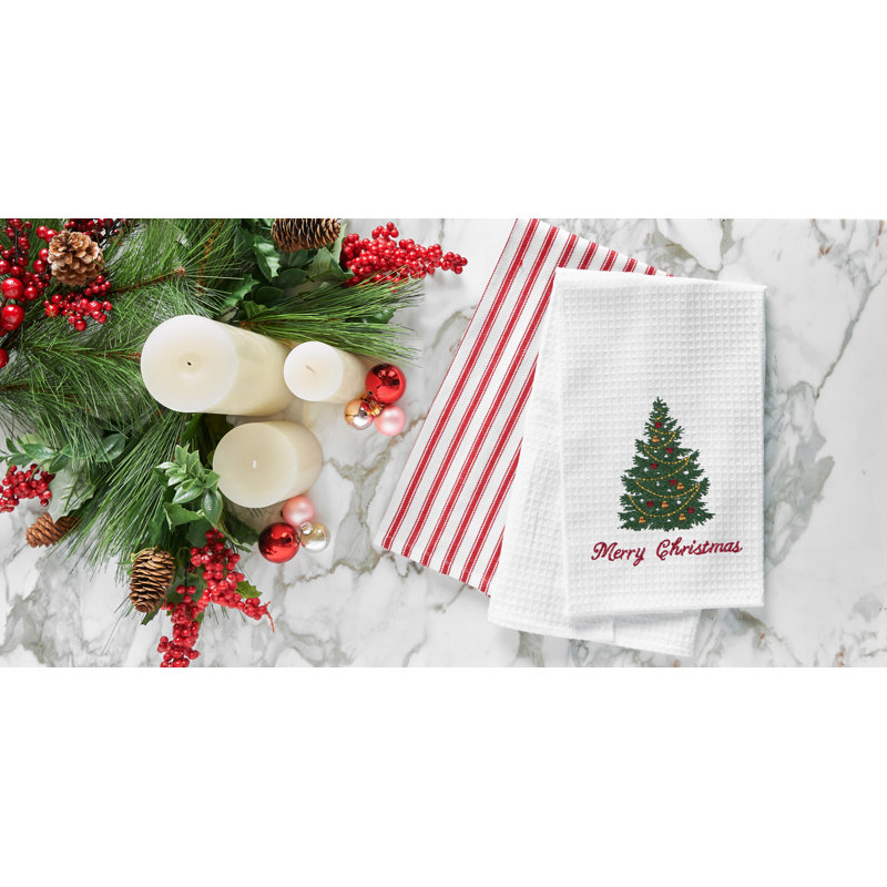 Torchon 100% coton tissé gaufré «Merry Christmas»