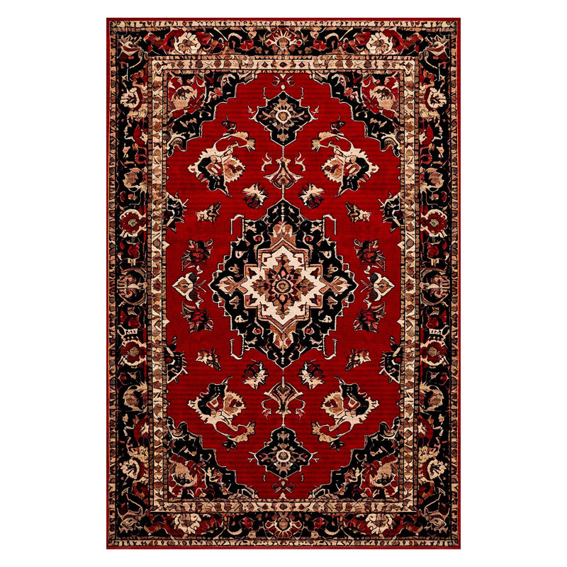 Guria Red/Brown/Black Oriental Vintage Look Machine Printed Cotton Chenille Area Rug, Runner 4' x 9'11"