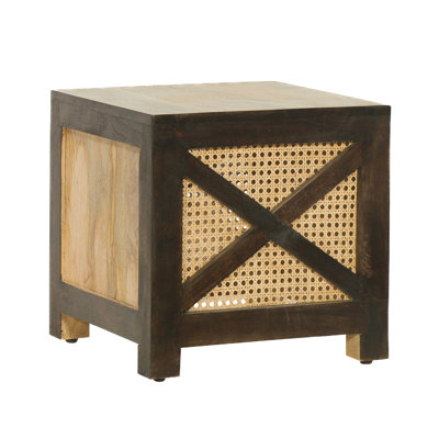 16" Natural Mango Wood & Woven Rattan Stool - Multiuse Boho Side Table, Ottoman & Storage Stand, Handcrafted