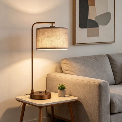 Ensemble de 2 lampes de table de chevet à intensité variable avec ports USB-C et USB-A et prise de courant CA, lampes de table de chevet modernes avec abat-jour en lin et base brune pour chambre à coucher, bureau à domicile