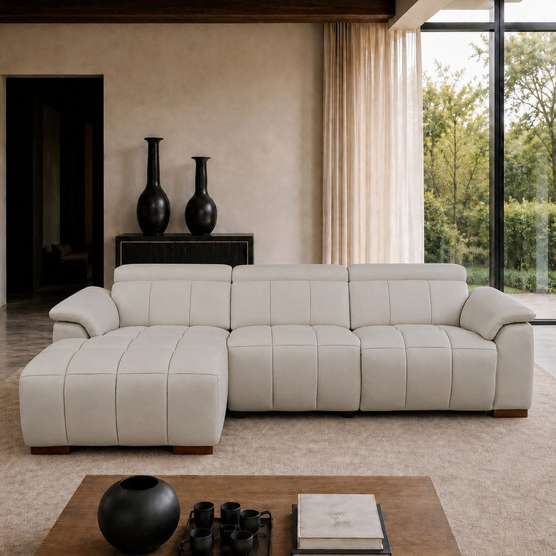 Canapé modulaire inclinable électrique en cuir véritable gris clair de 113 po faisant face à la gauche avec port USB