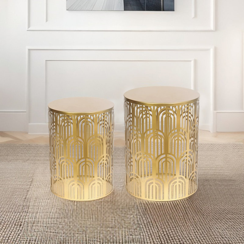 Set Of 2 Hollow-Carved Round Metal End Tables, Black