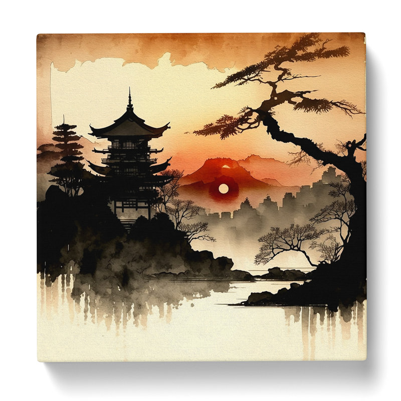 Japanese Sunset Ink Wash - Wrapped Canvas, 35cm H x 35cm W x 3cm D