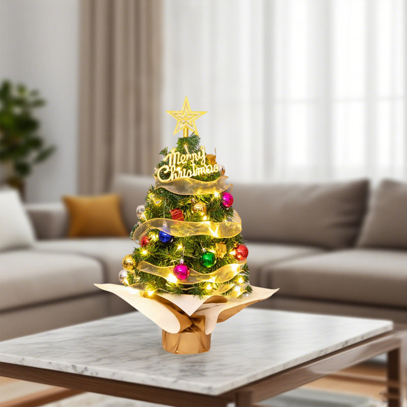 Arbre de Noël de table de 55 cm pour décoration de Noël, mini arbre de Noël artificiel avec décorations pour bureau, bureau, chambre à coucher ou fête