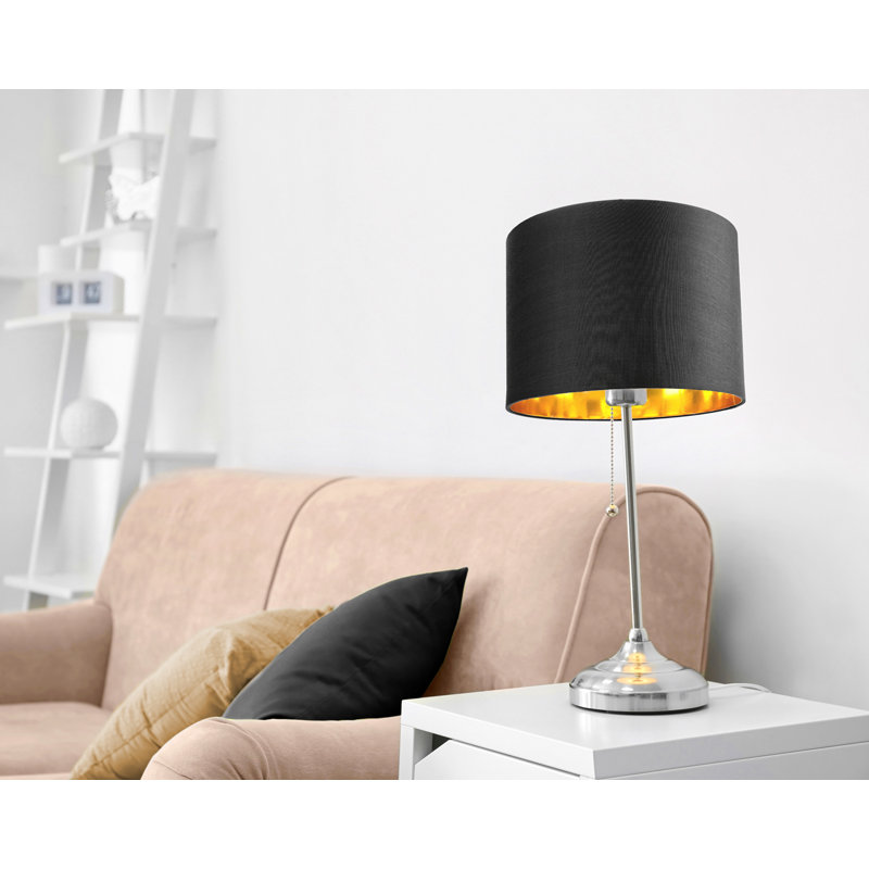 Contemporary Cotton Lamp/Light Shade with Shiny Paper Inner, Black/Gold, 18cm H x 25cm W x 25cm D