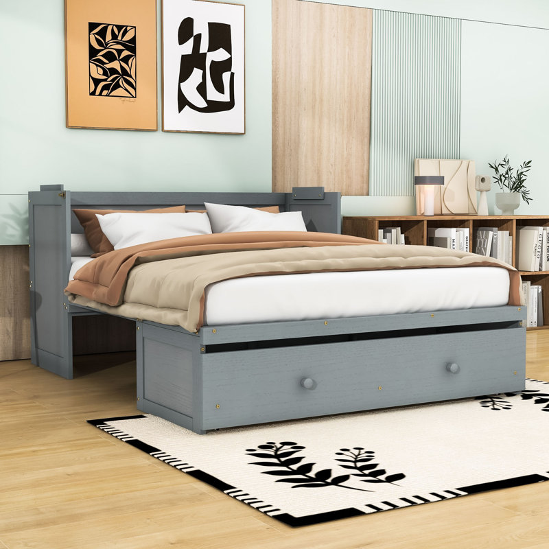 Lit escamotable en bois avec port USB et tiroir, Grand, gris