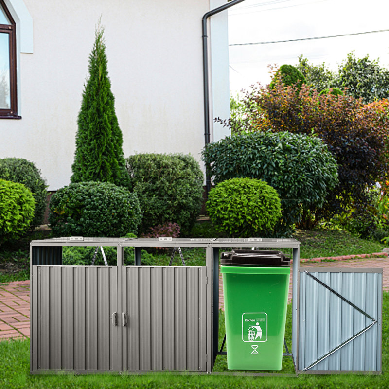 Abri à poubelles en métal gris - Peut contenir 3 poubelles, antirouille, ventilé, facile d'entretien. À assembler soi-même.