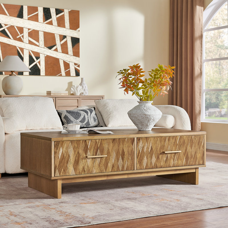 Estelle Sleek Low-Profile Modern Coffee Table with Artisan Hand-Laid Geometric Veneer and Storage, Natural Wood