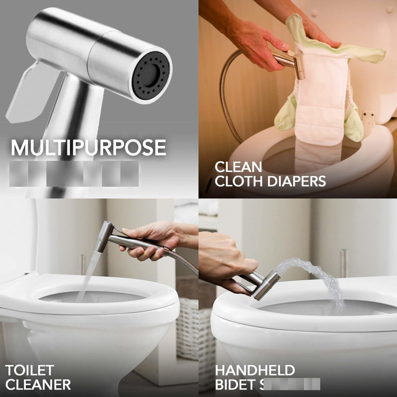 Brushed Nickel Handheld Bidet . Stainless Steel 304 Nozzle, Corrosion & Stain . For Whole Family, Especially For Limited Mobility. Bathroom Cleaner, Pet Wash. Leak, Rust-. Mounting Kit Included.