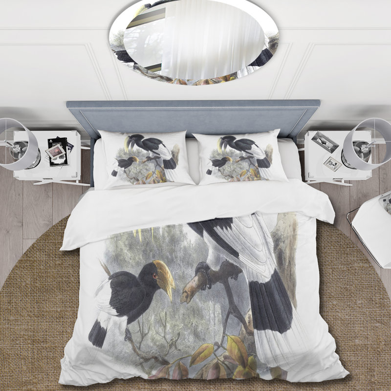 Illustration d'oiseau rétro I - ensemble de housse de couette traditionnel - microfibre de polyester