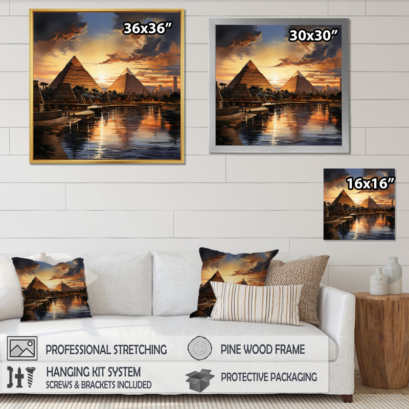" Egypt Sunrise Over The Puramid II ", 16" H x 16" W x 1" D, Gold Single Picture Framed