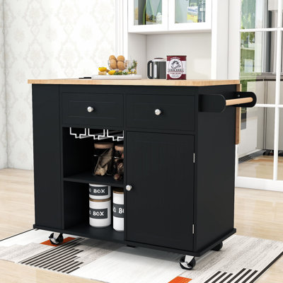 Momoko Modern Rolling Wooden Kitchen Cart with Power Outlet, Drop Leaf Countertop and Ample Storage by Winston Porter