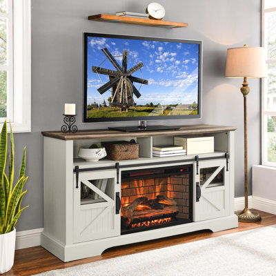 Meuble télé 60 po pour foyer électrique - blanc jasmin. Finition thermolaquée, production de chaleur de 5000 / H, espaces de rangement multiples, support réaliste à télécommande 60 po, chaleur 1500W, contrôle, double