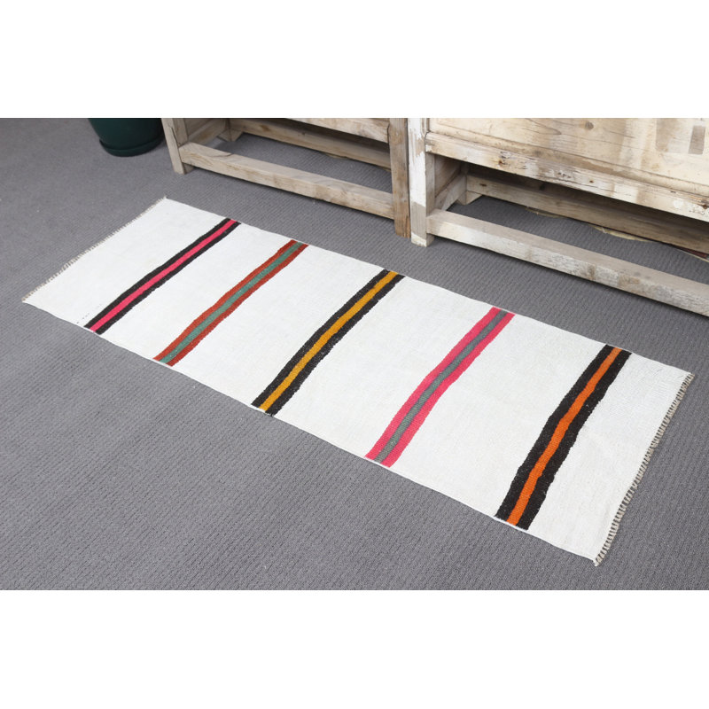 Tapis turc antique à motif Oushak rayé rose idéal pour la cuisine ou le vestibule