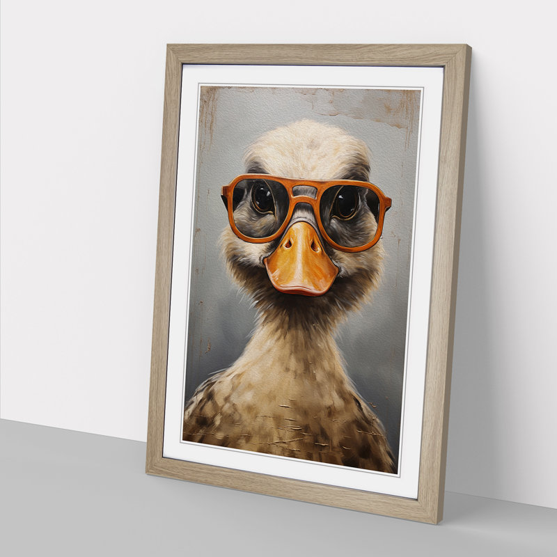 Duck With Glasses Painting - Single Picture Frame Print on Wood, Oak Framed, 34cm H x 25cm W