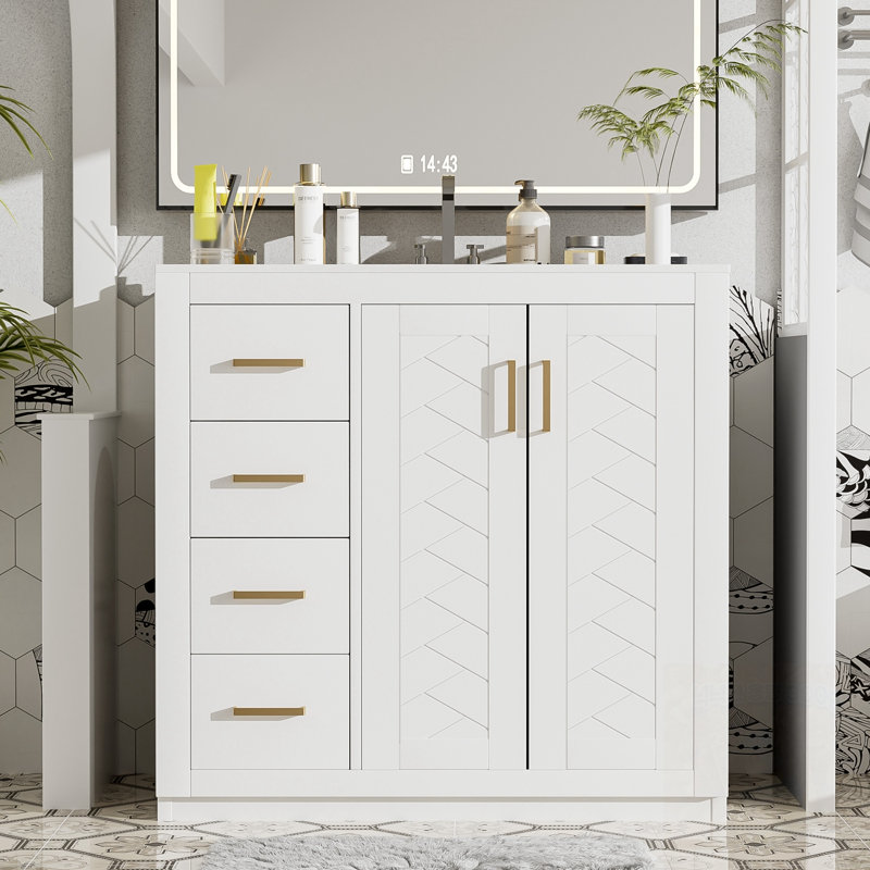 Meuble-lavabo de salle de bain avec lavabo en céramique, 3 tiroirs et portes à fermeture douce, Blanc