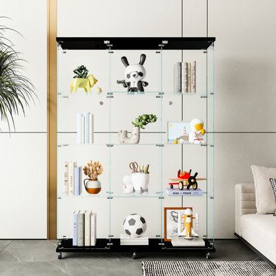 Grande vitrine en verre noir avec 4 tablettes pour le salon, la chambre à coucher, le bureau, offrant suffisamment d'espace pour les figurines, le vin, le whisky, le verre trempé supplémentaire de 5 mm, l'armoire en métal robuste, le bois