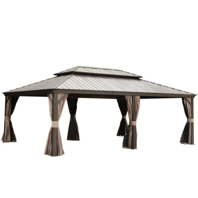 Gazebo 14X24ft, Brown. Galvanized Steel Top, Aluminum Frame. Built-In Gutter, Curtain & Netting For Deck Garden 14X24ft Brown With Double Top. Frame, Gutter System, And Outdoor Patio