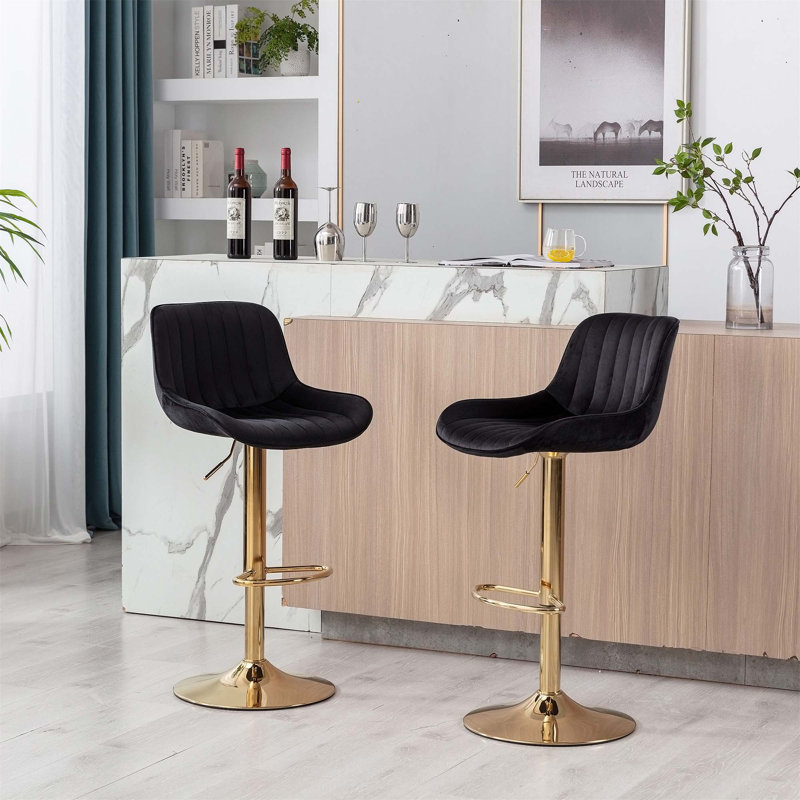 Set of 2 Swivel Bar Stools with Chrome Footrest and Base, Black