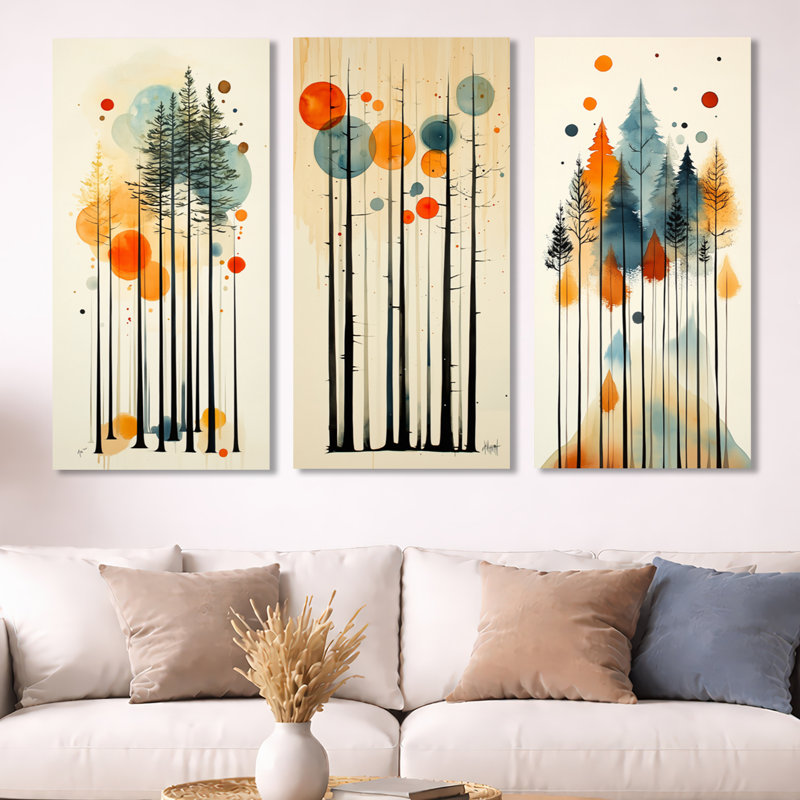 «Summer Valley Pine Forest Silhouettes - Orange Nature», impression sur métal à 3 panneaux, H 40 po x l 60 po